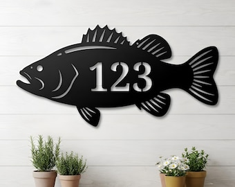 Personalized Fish Address Sign, Metal House Number Sign, Fishing Wall Decor, Custom Outdoor Plaque, Lake House Cabin Decor
