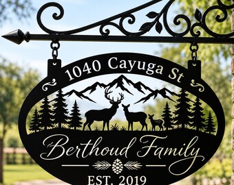 Personalized Deer Family Metal Sign, Custom Family Name and Address Sign, Rustic Mountain Forest Wall Art, Outdoor Cabin Decor