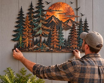 Décoration murale en métal Forêt de montagne, Décoration murale rustique avec coucher de soleil sur un pin, Paysage forestier, Décoration de chalet inspirée par la nature