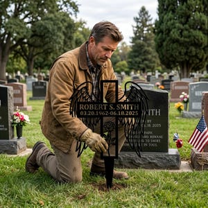 May include: A black metal memorial cross stake featuring angel wings on both sides, a rose cutout at the bottom, and the engraved text ROBERT S. SMITH 03.20.1962-06.18.2025. The memorial marker is designed to be inserted into the ground.