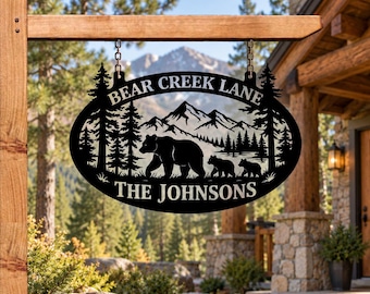 Plaque métallique personnalisée « Famille Ours », panneau de chalet personnalisé avec le nom de la famille Ours, décoration murale rustique de montagne et de forêt, panneau à suspendre, cadeau de pendaison de crémaillère