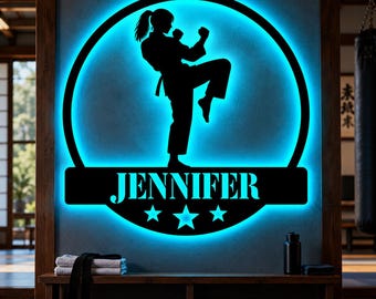 Personalized Karate Metal Wall Art With Led Light, Martial Arts Sign, Karate Girl LED Wall Sign, Karate Girl Gift, Dojo Studio Decoration