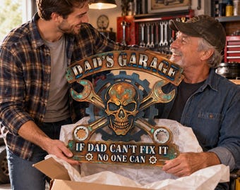 Op maat gemaakt metalen garagebord, muurdecoratie met doodskop, tandwiel en moersleutel, gepersonaliseerde werkplaatsdecoratie voor papa, vintage autowerkplaatsbord, cadeau voor monteur