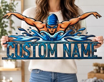 Plaque murale en métal personnalisée pour nageur, décoration murale personnalisée avec nom de nageur, cadeau pour senior d'une équipe de natation, décoration pour chambre de sport
