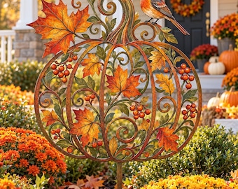 Tuinpaal met herfstpompoenmotief, metalen pompoendecoratie voor in de tuin met vogel, herfstdecoratie met esdoornbladeren, rustieke boerderijdecoratie voor Thanksgiving buiten.