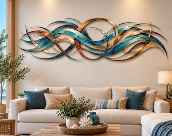 Large Abstract Metal Wall Art, Teal Blue and Copper Wave Sculpture, Modern Coastal Wall Decor, Statement Art for Living Room