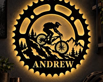 Personalized Mountain Bike Sign with LED Light, Custom Name MTB Rider Wall Art, Mountain Biking Room Decor, Cycling Gift for Men