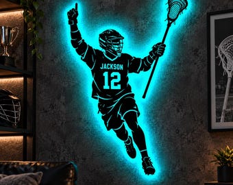 Letrero metálico personalizado de lacrosse con luz LED, arte de pared personalizado para jugadores de lacrosse, decoración deportiva para dormitorio, regalo de lacrosse para niños.