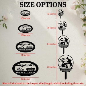 May include: A size chart for black metal signs featuring oval designs with deer and truck silhouettes, and circular designs with drummer silhouettes. The text reads SIZE OPTIONS and lists sizes from 12 inches to 32 inches for each style.