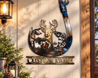 Décoration murale personnalisée en métal avec hameçon, panneau sur le thème de la chasse au cerf et de la pêche au bar, style rustique, cadeau idéal pour les amoureux de la nature
