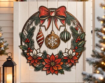 Kerstkrans van metaal voor aan de muur, rustieke kerstdecoratie voor de voordeur, kerstkrans met rode strik en poinsettia, vintage kerstdecoratie voor de veranda