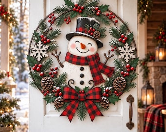 Couronne de Noël bonhomme de neige pour porte d'entrée, décoration rustique hivernale, décoration de Noël à carreaux Buffalo, couronne de Noël style ferme