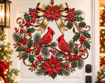 Couronne de Noël Cardinal à suspendre à la porte, Décoration murale en métal Oiseau rouge, Poinsettia et houx, Cadeau rustique pour les fêtes