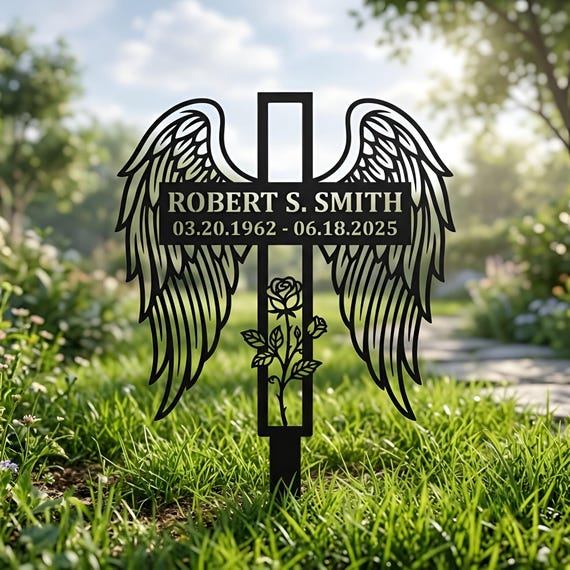 Personalized Angel Wing Memorial Cross, Custom Rose Metal Grave Marker with Name Dates,Remembrance Gift, Cemetery Garden Stake