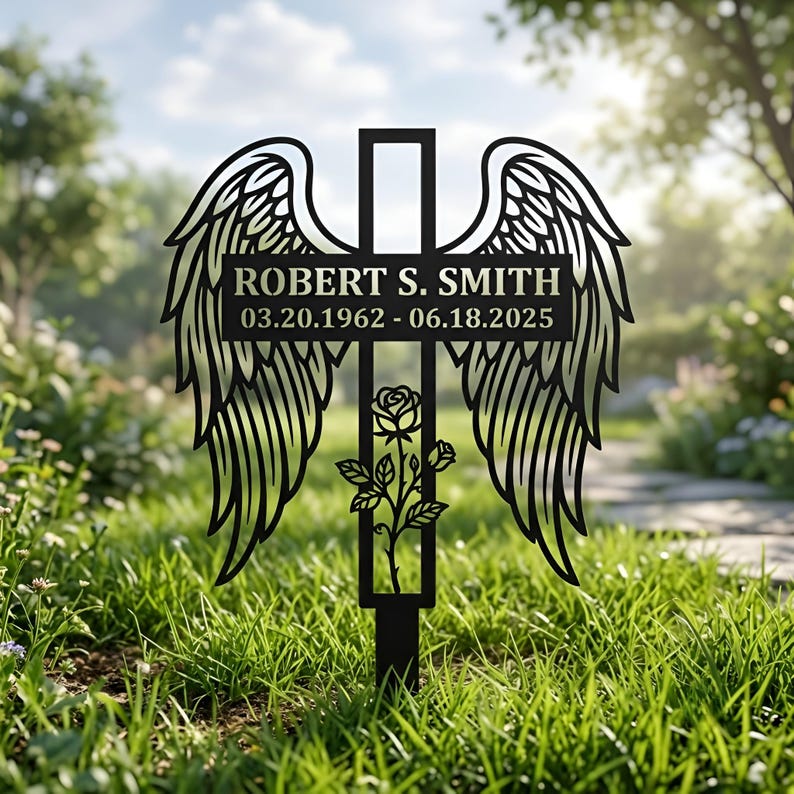 May include: A black metal memorial garden stake featuring a central cross design with large, detailed angel wings extending from the sides. The cross displays the text ROBERT S. SMITH and the dates 03.20.1962 - 06.18.2025, with a rose motif.