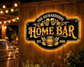 Gepersonaliseerd metalen barbord met ledverlichting, wanddecoratie met familienaam, verlicht bierbord, decoratie voor buiten of terras, cadeau voor bierliefhebbers