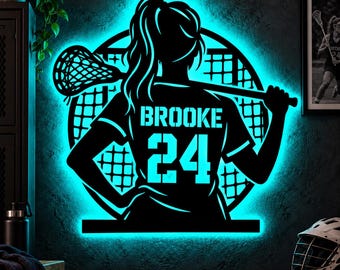 Decoración de pared metálica personalizada para niñas con luz LED, letrero con nombre y número de camiseta personalizados, decoración para dormitorio de lacrosse, regalo deportivo para niñas.
