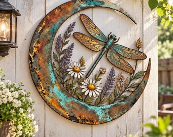 Décoration murale en métal Libellule Croissant de Lune, Décoration de jardin de fleurs sauvages, Suspension murale extérieure colorée, Décoration rustique pour patio