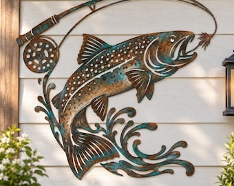 Décoration murale en métal représentant une truite, idéale pour la pêche à la mouche. Panneau métallique rustique en forme de poisson, parfait pour décorer un chalet de pêche ou une maison au bord d'un lac. Cadeau idéal pour les pêcheurs.