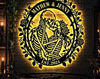 Personalized Skeleton Couple Metal Sign With Led Light, Skeleton Couple Metal Wall, Gothic Wedding Gift,  Skull Lovers Gift