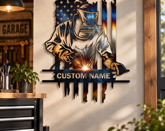 Décoration murale personnalisée en métal pour soudeur, plaque de soudeur personnalisée avec nom, décoration de garage drapeau américain, tenture murale rustique pour atelier, cadeau pour papa soudeur