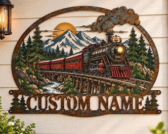 Plaque métallique personnalisée sur le thème des trains, décoration murale vintage de locomotive à vapeur, plaque personnalisée avec le nom du train, décoration ferroviaire rustique, cadeau pour les passionnés de trains