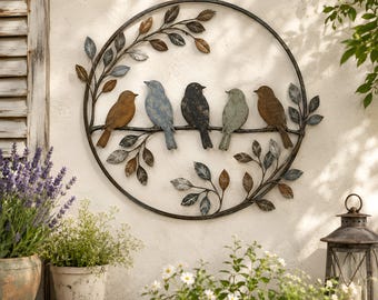 Bird Metal Wall Art, Round Garden Wall Decor, Outdoor Patio Bird Branch Hanging,Metal Bird Garden Decor,Housewarming Gift
