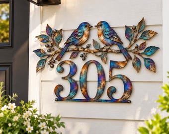 Personalized Bird House Number Sign, Custom Metal Address Sign, Bluebird Wall Art, Rustic Outdoor House Numbers, Housewarming Gift
