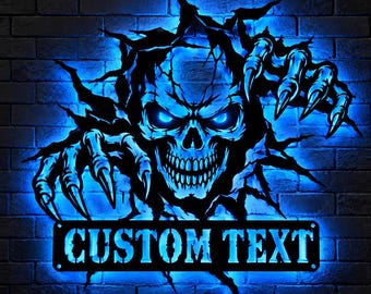 Custom Skull LED Wall Sign, Personalized Creepy Skull with Claws Decor, Horror Themed Wall Art, Halloween Light Up Sign, Gamer Room Decor