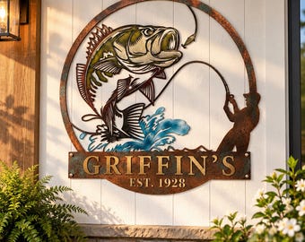 Personalized Bass Fishing Metal Sign, Fisherman Name Sign, Largemouth Bass Decor, Rustic Lake House Sign, Fisherman Gift