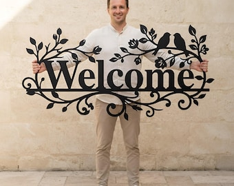 Welcome Metal Wall Sign, Bird and Floral Outdoor Decor,Bird and Flower Metal Sign,Welcome Wall Decor,Porch Housewarming Gift