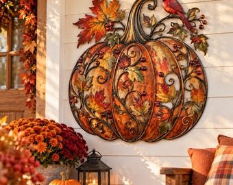 Décoration murale en métal citrouille d'automne, cardinal et feuilles d'automne, panneau rustique pour porche, décoration murale extérieure pour Thanksgiving
