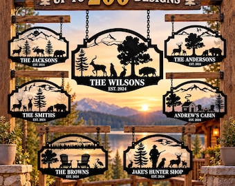 Plaque métallique personnalisée pour chalet, plaque personnalisée avec nom de famille, 200 motifs animaliers, décoration murale extérieure rustique, cadeau pour maison au bord d'un lac, décoration de chalet
