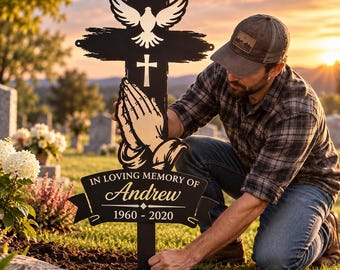 Personalized Christian Cross Grave Marker, Custom Metal Memorial Cross with Praying Hands and Dove, Religious Cemetery Stake