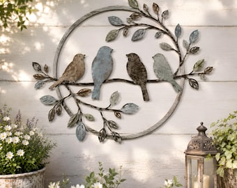 Metalen vogel kunst aan de muur, vogeltak metalen muur decor, tuin kunst aan de muur, rustiek buiten veranda decor, cottage tuin decor, vogelliefhebber cadeau
