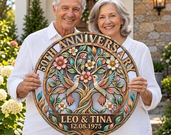 Personalized Wedding Anniversary Metal Sign, Custom Golden Anniversary Gift for Parents, Hummingbird Couple Wall Art,Gift for Grandparents