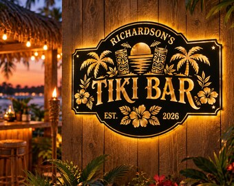 Custom Tiki Bar Metal Sign with LED Lights, Personalized Tropical Bar Wall Decor, Palm Tree and Tiki Mask Art, Backyard Bar Sign