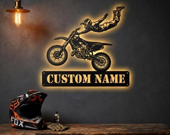 Personalized Motocross Metal Sign With Led Light, Custom Name Dirt Bike Wall Art, Garage Decor, Gift for Him,Motocross Gift for Boys