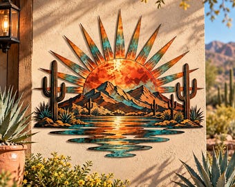 Arte mural de metal del desierto del suroeste, decoración de atardecer en la montaña de cactus, adorno de pared del oeste, arte turquesa para patio exterior, decoración del hogar del suroeste