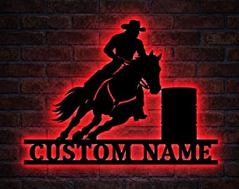 Personalized Barrel Racing Sign with LED Light, Custom Name Horse Rider Wall Art, Rodeo Cowgirl Room Decor, Barrel Racer Gift for Girls