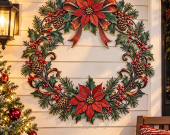 Christmas Metal Wreath Wall Art, Red Poinsettia and Holly Berry Decor, Rustic Holiday Front Porch Decoration, Outdoor Christmas Wall Hanging