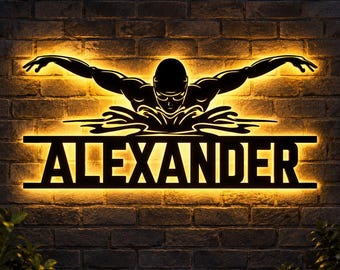Personalized Swimmer Metal Sign With Led Light,Swimming Wall Art, Backlit Pool Decor, Swim Team Gift, Athlete Room Sign