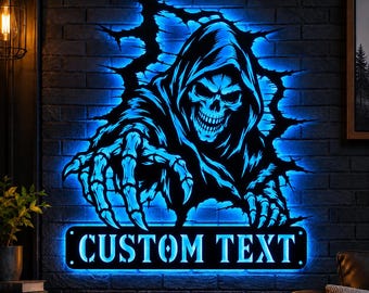 Personalized Grim Reaper Sign With Led Light, Custom Skull Metal Wall Art, Scary Skeleton Sign, Halloween Gift, Man Cave Decor