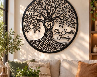 Personalized Tree of Life Metal Wall Art, Custom Family Name Sign, Monogram Tree Wall Decor, Rustic Outdoor Garden Housewarming Gift