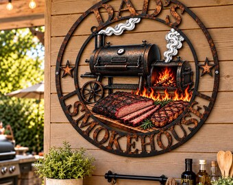 Personalized BBQ Smokehouse Metal Sign, Custom Barbecue Wall Decor, Rustic Smoker Grill Art, Backyard Patio Gift for Men