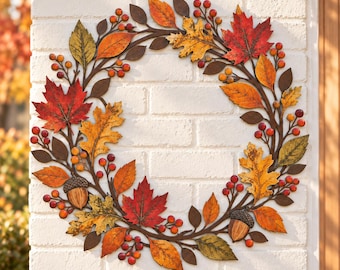 Corona metálica de hojas de otoño, decoración de pared otoñal, corona de hojas de arce y bellotas, decoración de porche para Acción de Gracias, arte de pared rústico de cosecha.