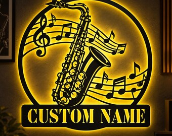 Gepersonaliseerde metalen wanddecoratie met saxofoon en ledverlichting, saxofoonbord met eigen naam, muzikale wanddecoratie, cadeau voor jazzmuzikant, decoratie voor de muziekkamer