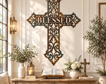 Gezegend metalen kruis als wanddecoratie, rustieke christelijke wanddecoratie, decoratief kruis, religieuze decoratie in landelijke stijl, christelijk cadeau voor een housewarming
