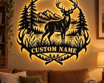 Personalized Deer Hunting Metal Sign Led, Custom Name Buck Wall Art,Deer Decor, Hunting Cabin Sign, Hunter Gift for Dad