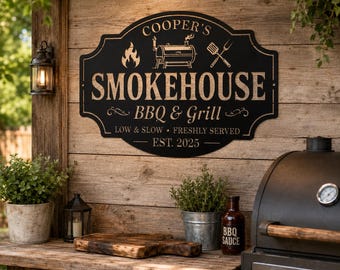 Personalized BBQ Smokehouse Metal Sign, Custom Grill Wall Decor, Outdoor Patio Barbecue Sign, Backyard Smoker Gift